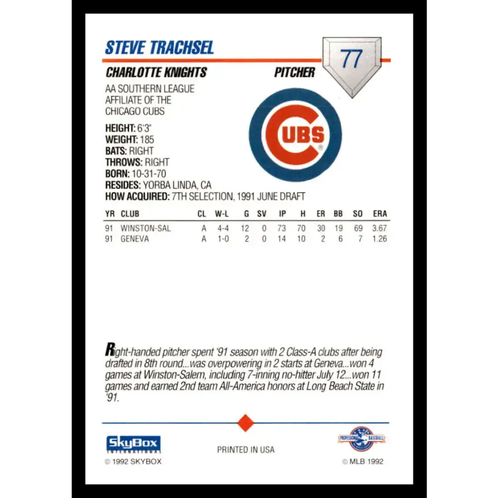 1992 Skybox AA #77 Steve Trachsel Charlotte Knights NM-MT Baseball Card - Baseball Card Single
