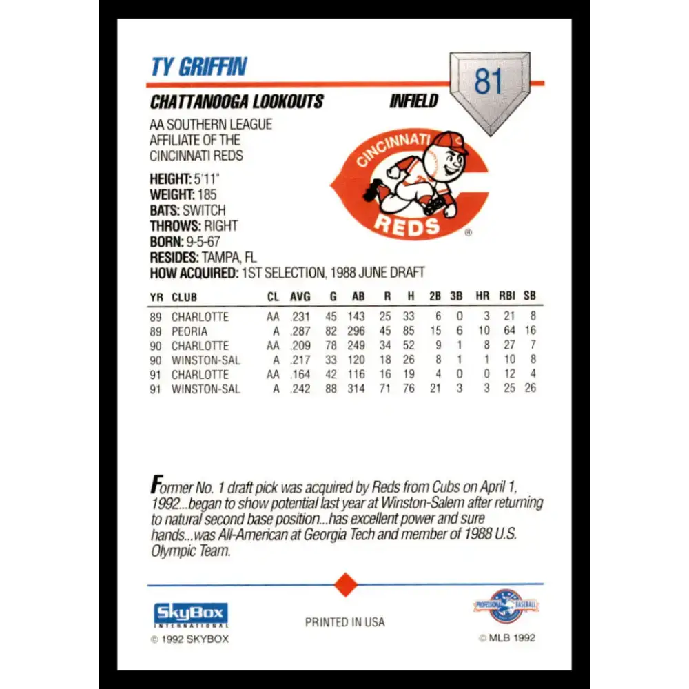 1992 Skybox AA #81 Ty Griffin Chattanooga Lookouts NM-MT Baseball Card - Baseball Card Single