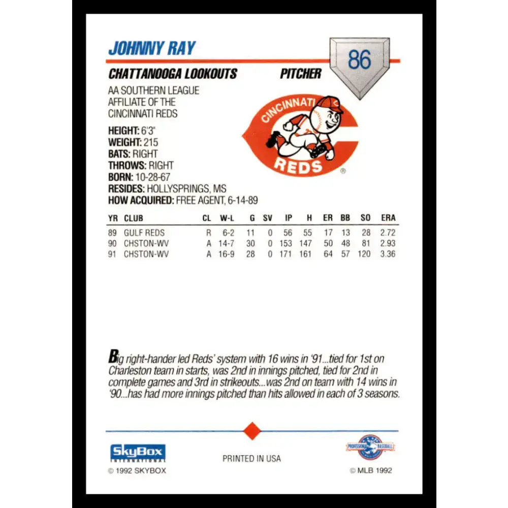 1992 Skybox AA #86 Johnny Ray Chattanooga Lookouts NM-MT Baseball Card - Baseball Card Single