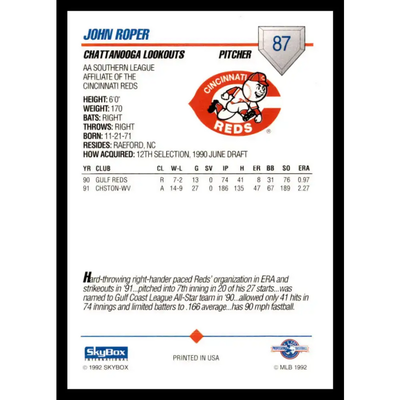 1992 Skybox AA #87 John Roper Chattanooga Lookouts NM-MT Baseball Card - Baseball Card Single