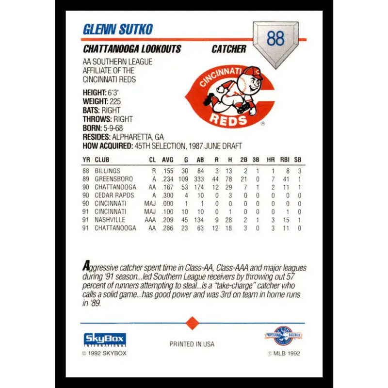 1992 Skybox AA #88 Glenn Sutko Chattanooga Lookouts NM-MT Baseball Card - Baseball Card Single