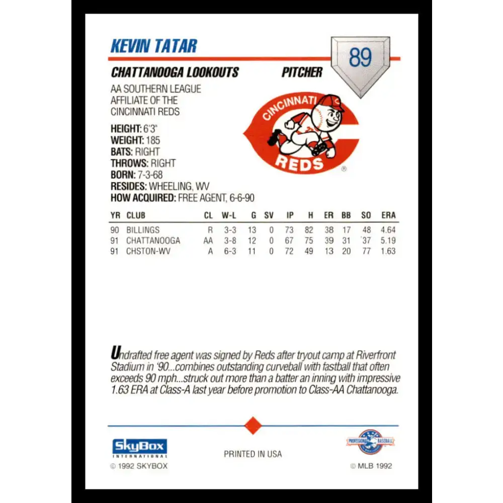 1992 Skybox AA #89 Kevin Tatar Chattanooga Lookouts NM-MT Baseball Card - Baseball Card Single