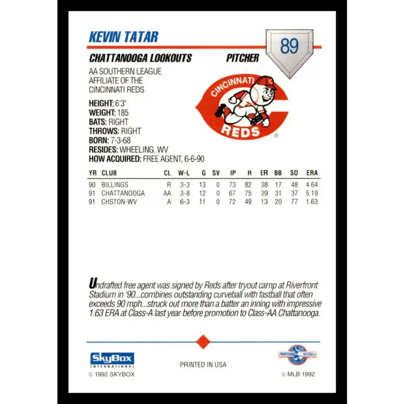 1992 Skybox AA #89 Kevin Tatar Chattanooga Lookouts NM-MT Baseball Card - Baseball Card Single