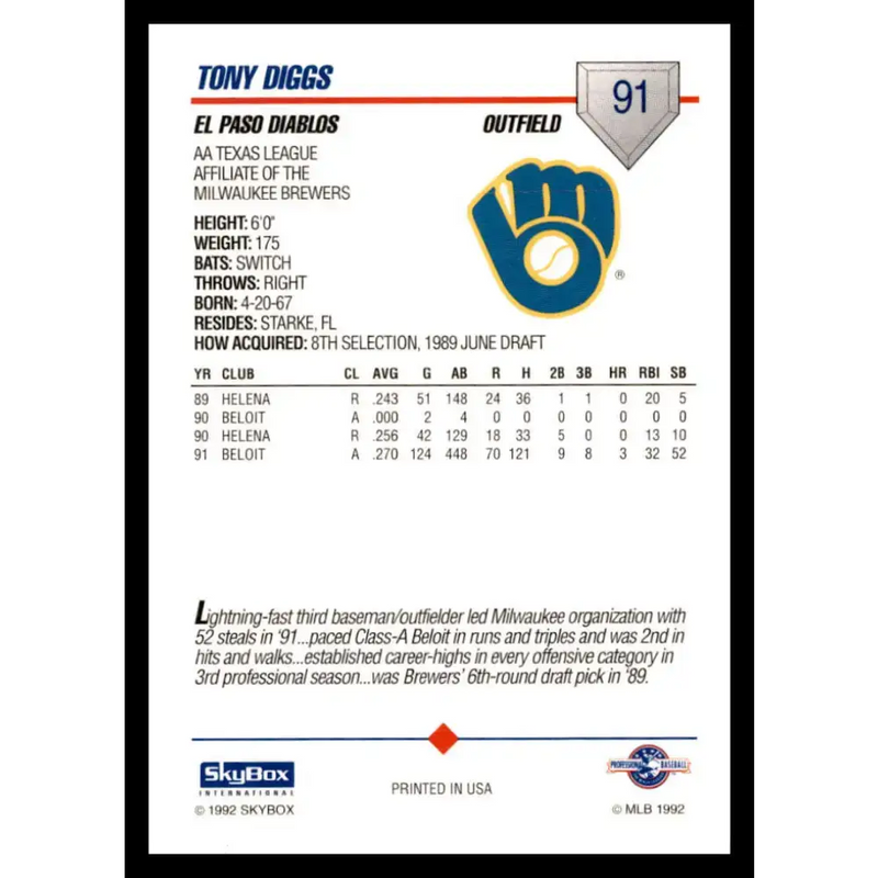 1992 Skybox AA #91 Tony Diggs El Paso Diablos NM-MT Baseball Card - Baseball Card Single