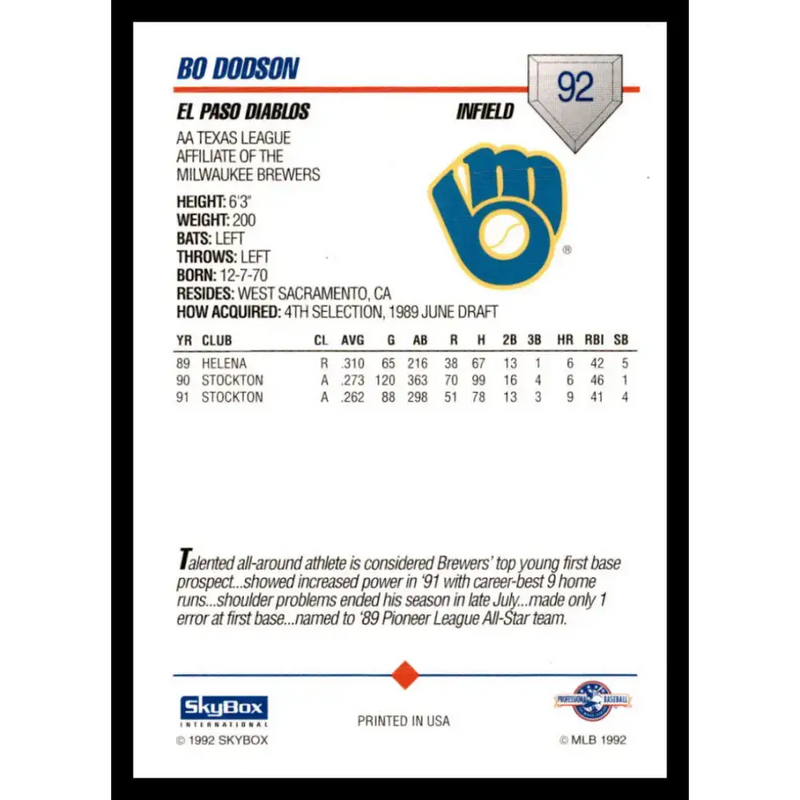 1992 Skybox AA #92 Bo Dodson El Paso Diablos NM-MT Baseball Card - Baseball Card Single