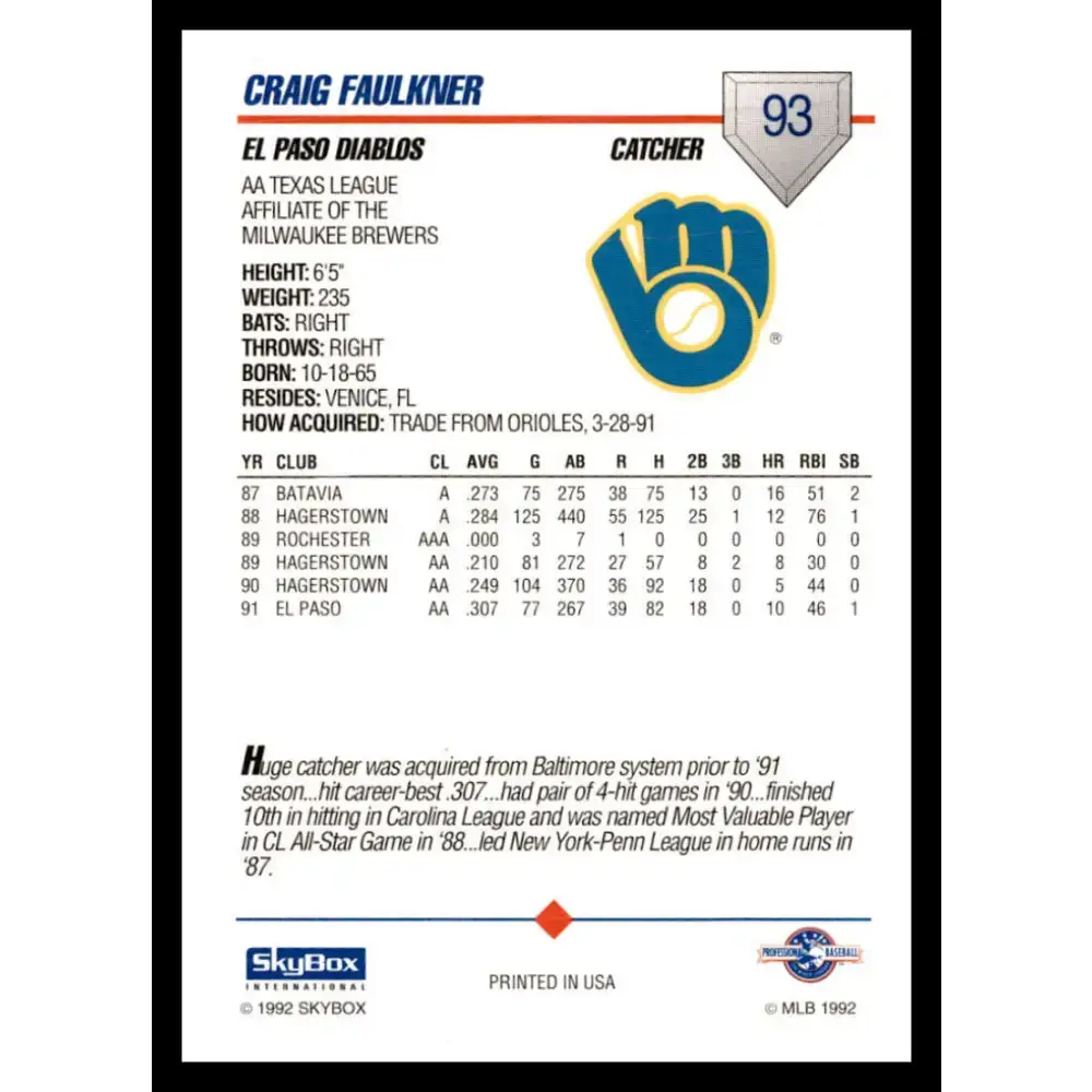 1992 Skybox AA #93 Craig Faulkner El Paso Diablos NM-MT Baseball Card - Baseball Card Single