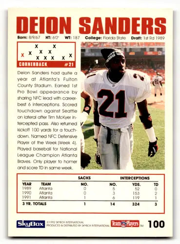 Original gloss SkyBox Impact Deion Sanders football card from 1992 Falcons NM-MT