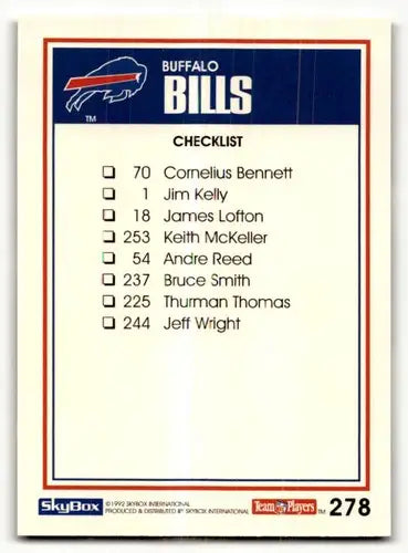 1992 SkyBox Impact Jim Kelly Buffalo Bills football card checklist with original gloss