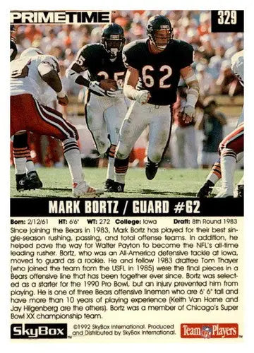 Original gloss 1992 SkyBox Primetime Mark Bortz football card featuring Simply Sandoval Bears
