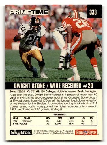 1992 SkyBox Primetime Dwight Stone Pittsburgh Steelers football card with career stats