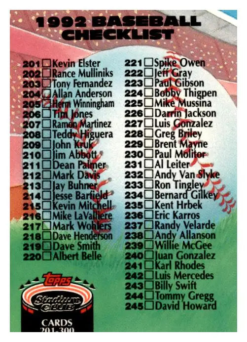 1992 Stadium Club #300b Checklist: 201-300 - Baseball Card Single