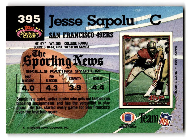 1992 Stadium Club #395 Jesse Sapolu - Football Card Single