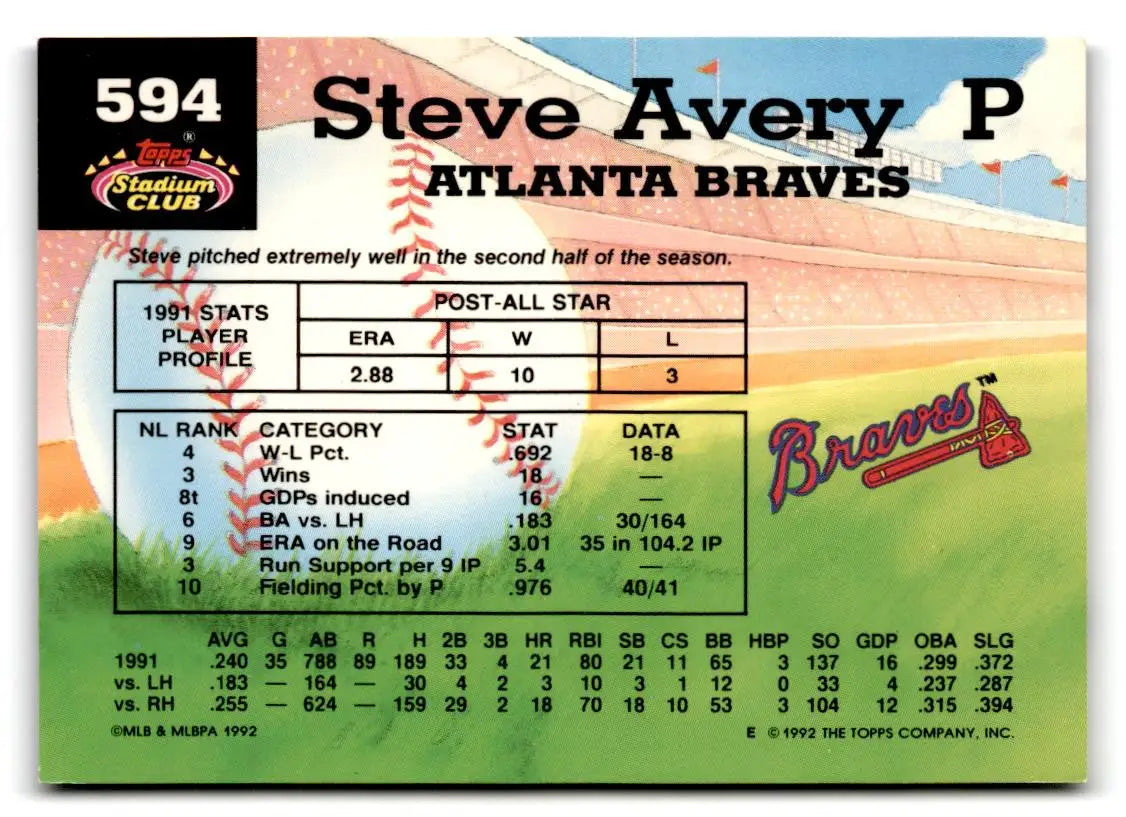 1992 Stadium Club #594 Steve Avery - Baseball Card Single