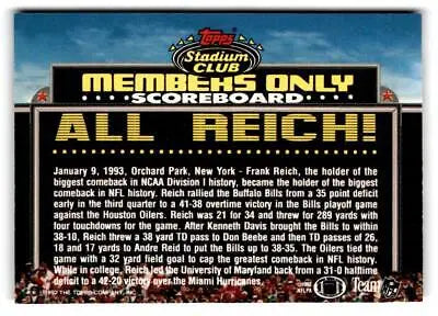 Football card back of 1992 Stadium Club Members Only NNO Frank Reich collectible