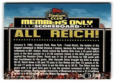 Topps Members Club scoreboard of Frank Reich’s iconic playoff comeback in 1993