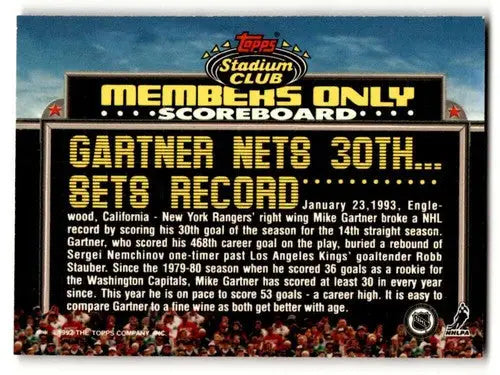 Hockey card back with original gloss from 1992 Stadium Club Members only NNO Mike Gartner