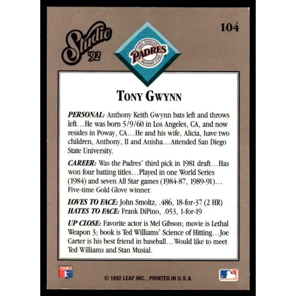 1992 Studio #104 Tony Gwynn NM/MT San Diego Padres Baseball Card - Baseball Card Single