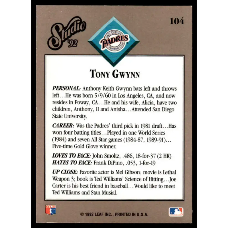 1992 Studio #104 Tony Gwynn NM/MT San Diego Padres Baseball Card - Baseball Card Single