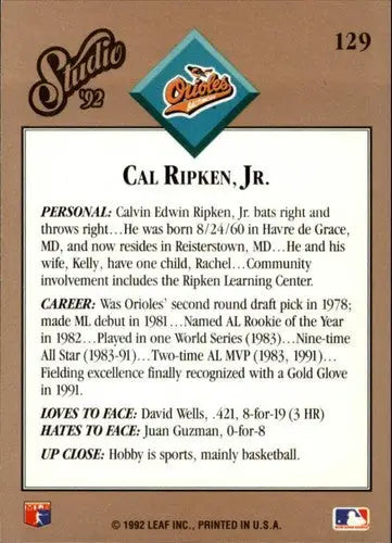 1992 Studio #129 Cal Ripken Jr. NM-MT Orioles - Baseball Card Single