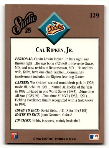 1992 Studio #129 Cal Ripken Jr. NM Near Mint Orioles ID:64107 - Baseball Card Single