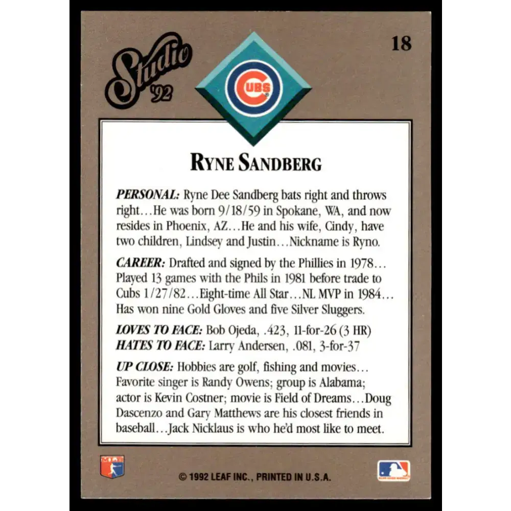 1992 Studio #18 Ryne Sandberg EX Chicago Cubs Baseball Card - Baseball Card Single