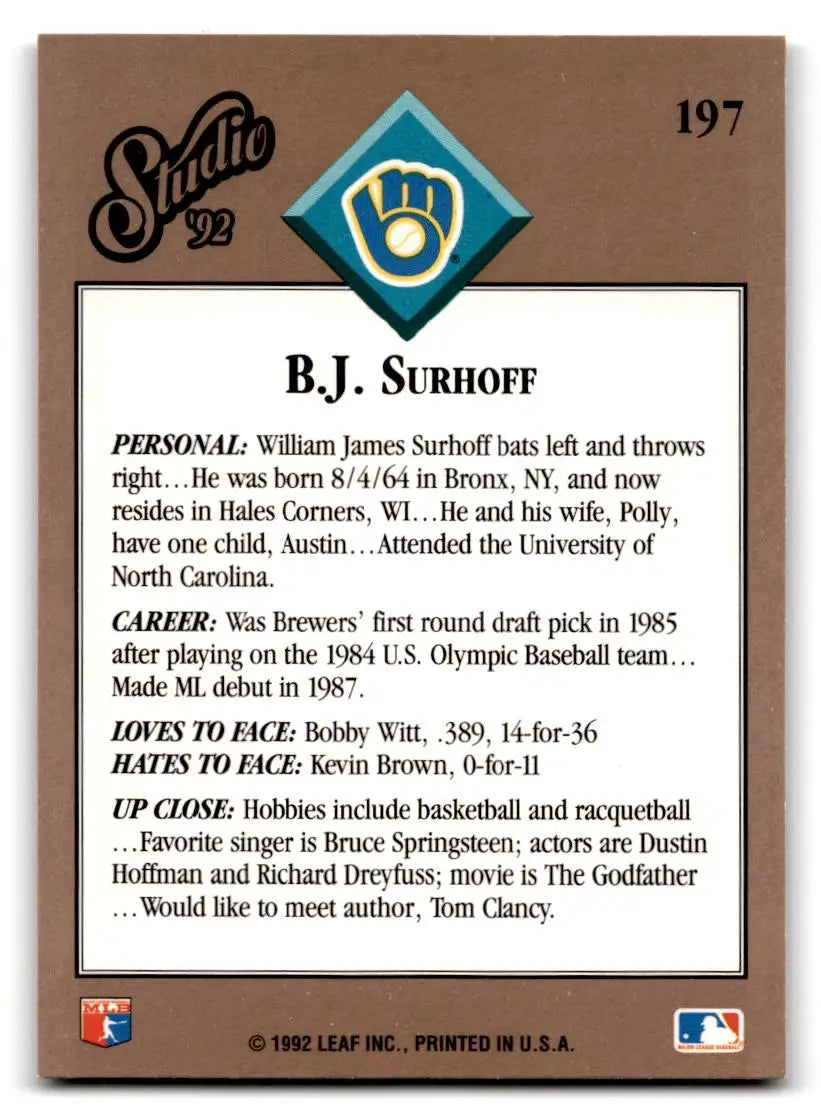 1992 Studio #197 B.J. Surhoff - Baseball Card Single