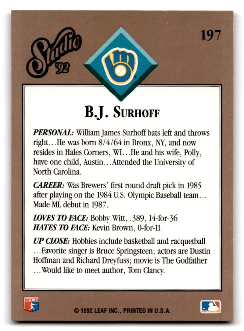 1992 Studio #197 B.J. Surhoff - Baseball Card Single
