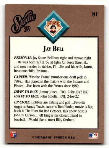 1992 Studio #81 Jay Bell Pittsburgh Pirates Baseball Cards EX/NM ID:63426 - Baseball Card Single
