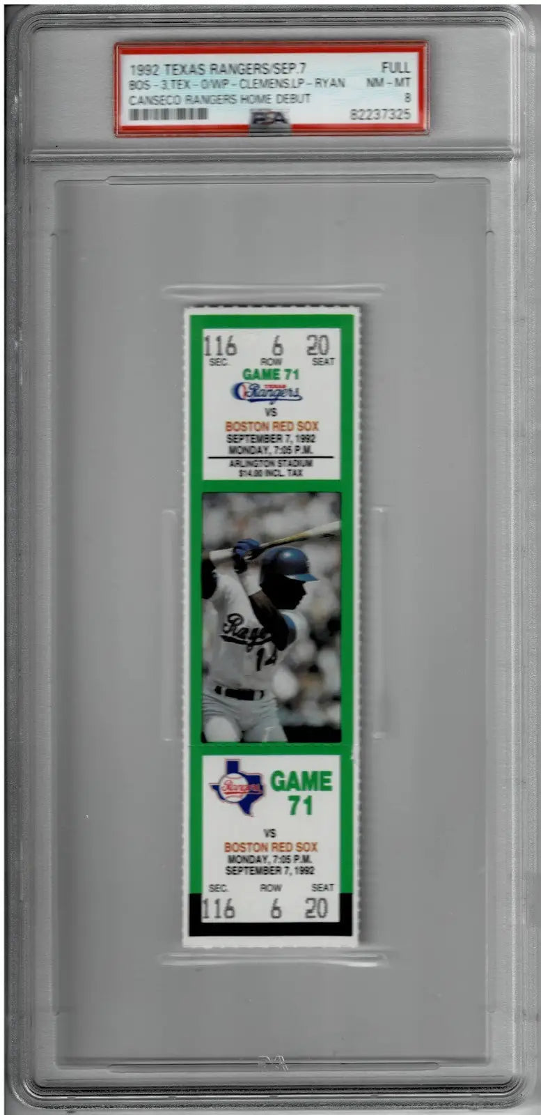 Encapsulated 1992 Texas Rangers home debut ticket featuring Nolan Ryan and Jose Canseco