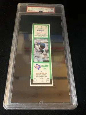 1992 Texas Rangers home debut ticket featuring Nolan Ryan and a batting player in a PSA 9 slab