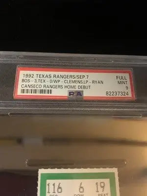 Graded 1992 Texas Rangers home debut ticket with Nolan Ryan and Jose Canseco PSA 9