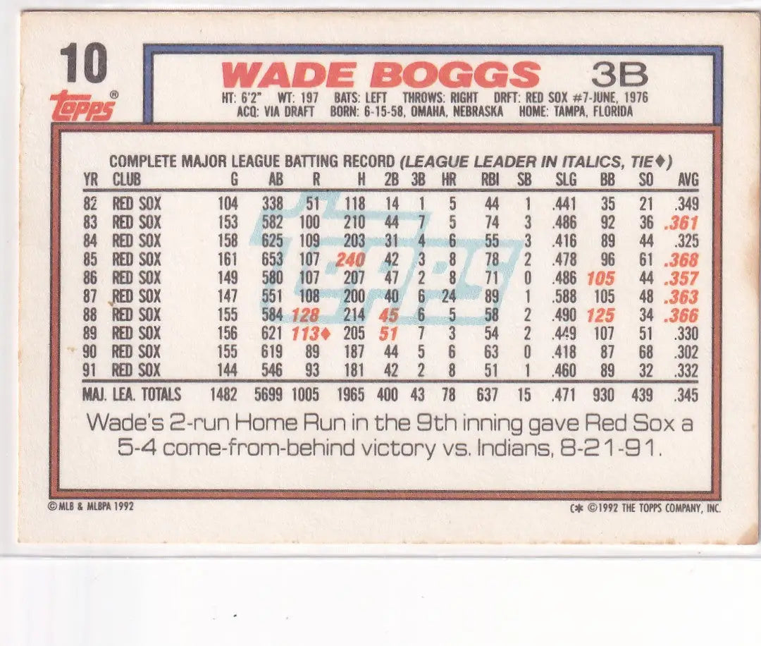 1992 TOPPS #10 WADE BOGGS- BOSTON RED SOX - Baseball Card Single