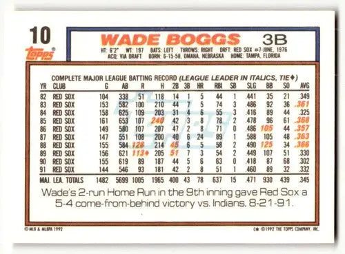 1992 Topps #10 Wade Boggs Boston Red Sox Baseball Cards EX/NM ID:55886 - Baseball Card Single
