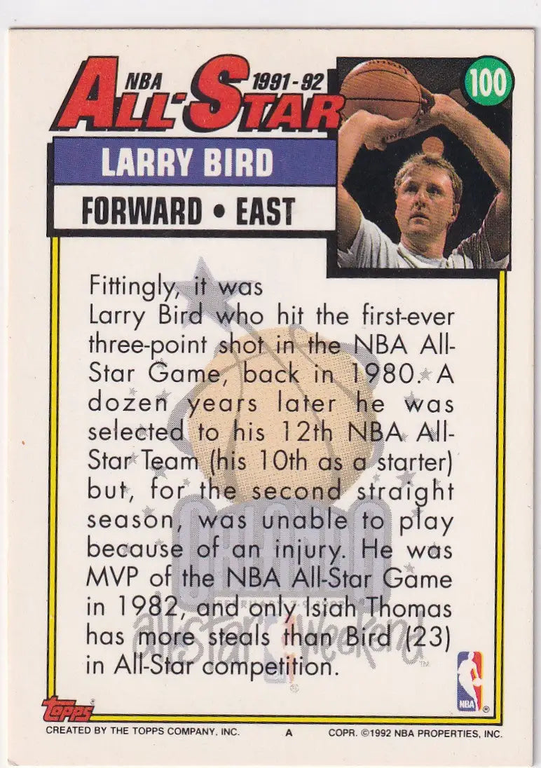 1992 TOPPS #100 LARRY BIRD ALL STAR- BOSTON CELTICS - Basketball Card Single