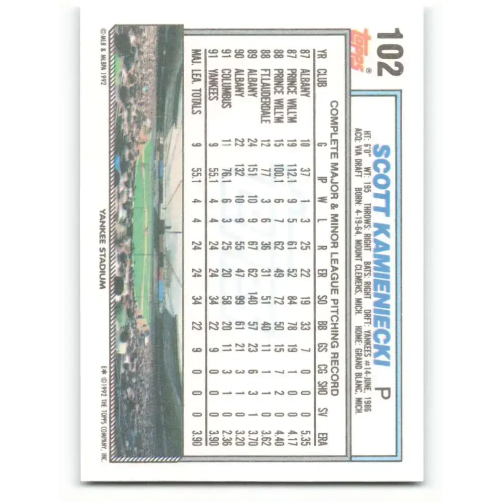 1992 Topps #102 Scott Kamieniecki NM-MT New York Yankees Baseball Card - Baseball Card Single