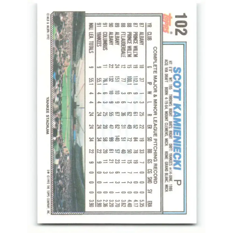 1992 Topps #102 Scott Kamieniecki NM-MT New York Yankees Baseball Card - Baseball Card Single