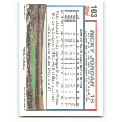 1992 Topps #103 Ricky Jordan EX Excellent Philadelphia Phillies Baseball Card