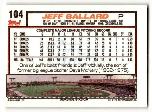 1992 Topps #104 Jeff Ballard Baltimore Orioles Baseball Cards EX/NM ID:61131 - Baseball Card Single