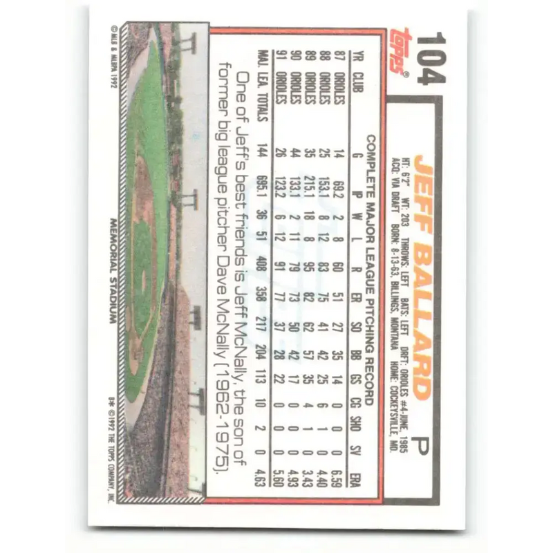 1992 Topps #104 Jeff Ballard NM-MT Baltimore Orioles Baseball Card - Baseball Card Single