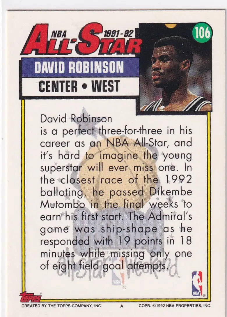 1992 TOPPS #106 DAVID ROBINSON ALL STAR- SAN ANTONIO SPURS - Basketball Card Single