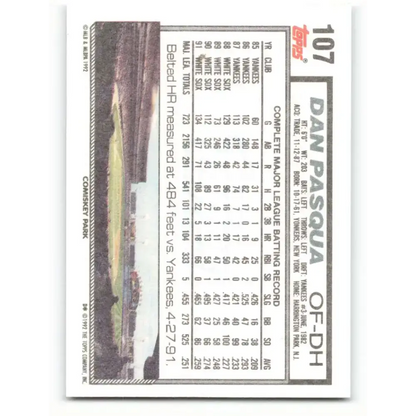 1992 Topps #107 Dan Pasqua EX Excellent Chicago White Sox Baseball Card - Baseball Card