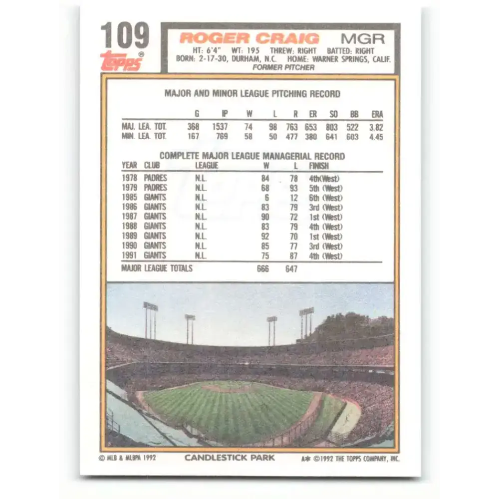 1992 Topps #109 Roger Craig NM-MT San Francisco Giants Baseball Card - Baseball Card Single
