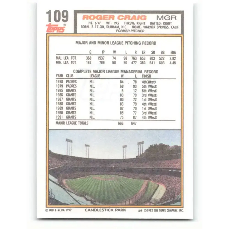 1992 Topps #109 Roger Craig NM-MT San Francisco Giants Baseball Card - Baseball Card Single