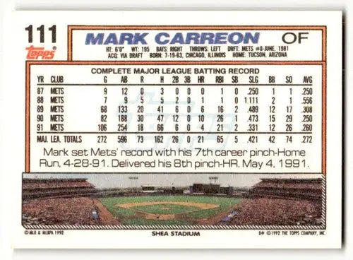 1992 Topps #111 Mark Carreon New York Mets Baseball Cards EX/NM ID:55875 - Baseball Card Single