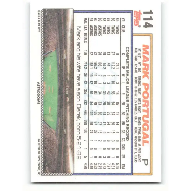 1992 Topps #114 Mark Portugal EX Excellent Houston Astros Baseball Card - Baseball Card Single