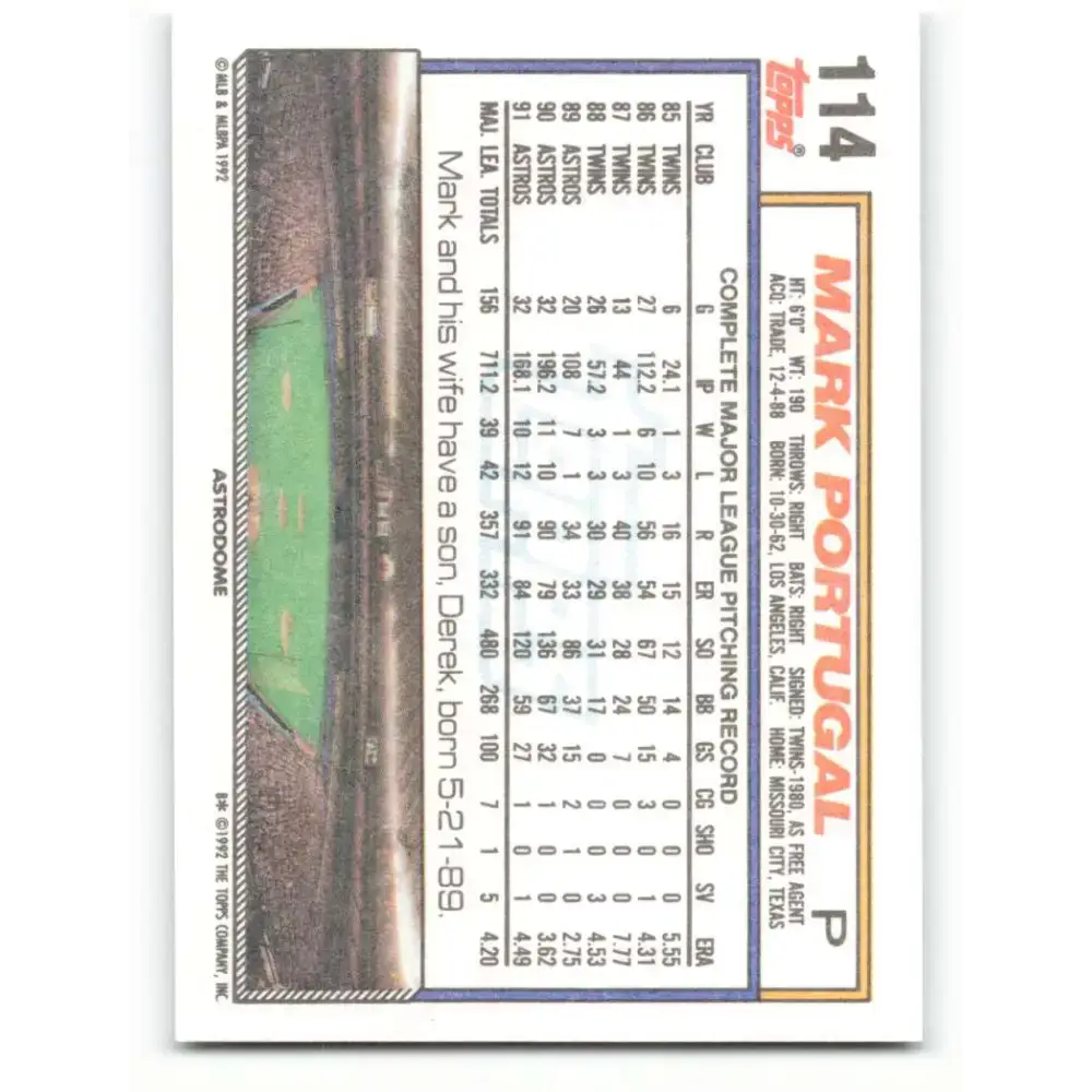 1992 Topps #114 Mark Portugal NM-MT Houston Astros Baseball Card - Baseball Card Single