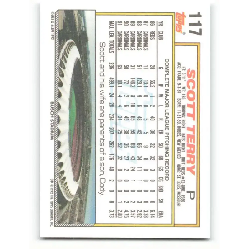 1992 Topps #117 Scott Terry NM-MT St. Louis Cardinals Baseball Card - Baseball Card Single