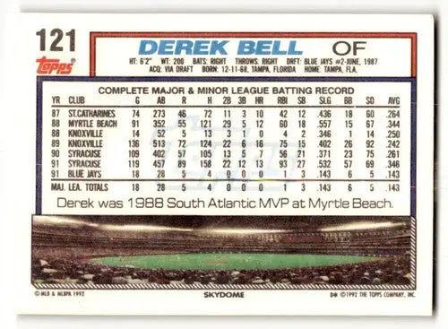 1992 Topps #121 Derek Bell Toronto Blue Jays Baseball Cards EX/NM ID:61156 - Baseball Card Single