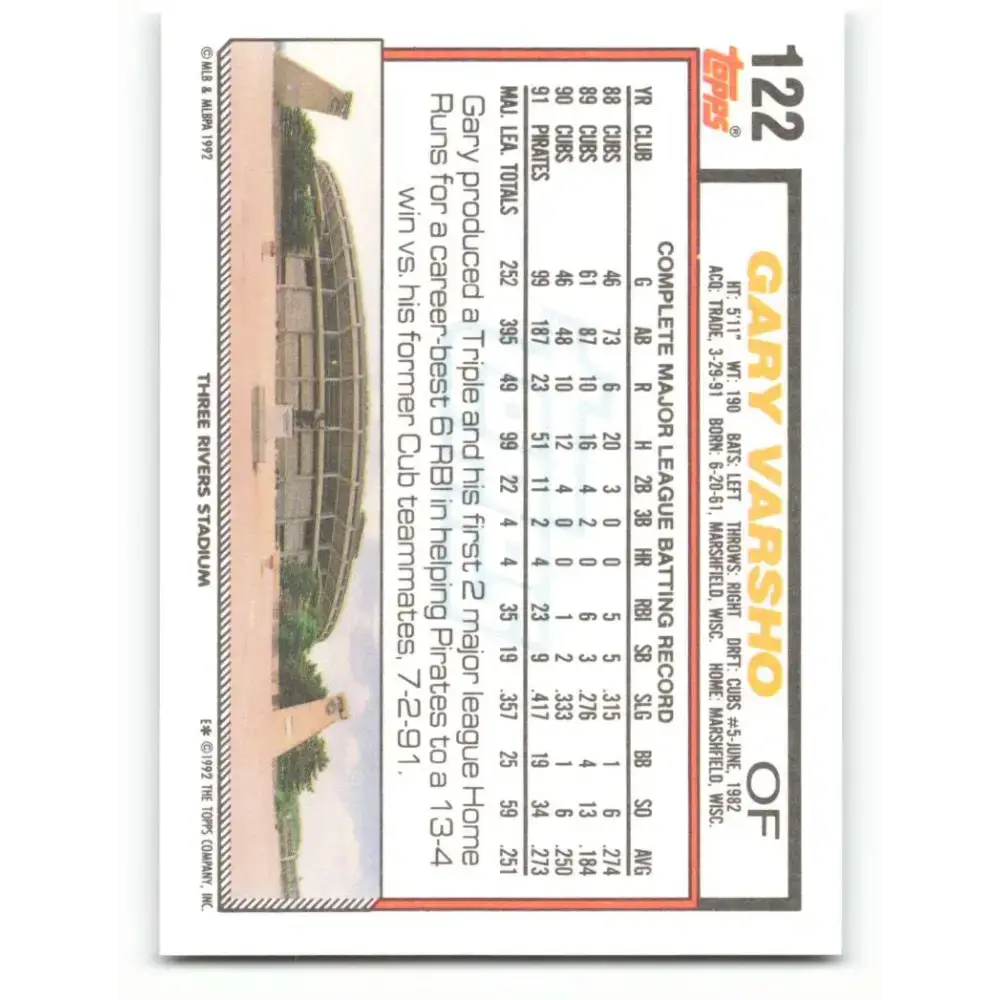 1992 Topps #122 Gary Varsho EX Excellent Pittsburgh Pirates Baseball Card - Baseball Card