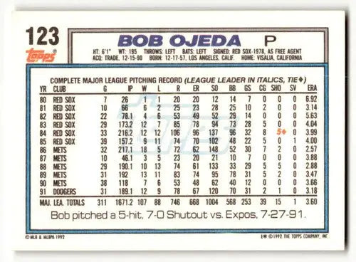 1992 Topps #123 Bob Ojeda Los Angeles Dodgers Baseball Cards EX/NM ID:55891 - Baseball Card Single